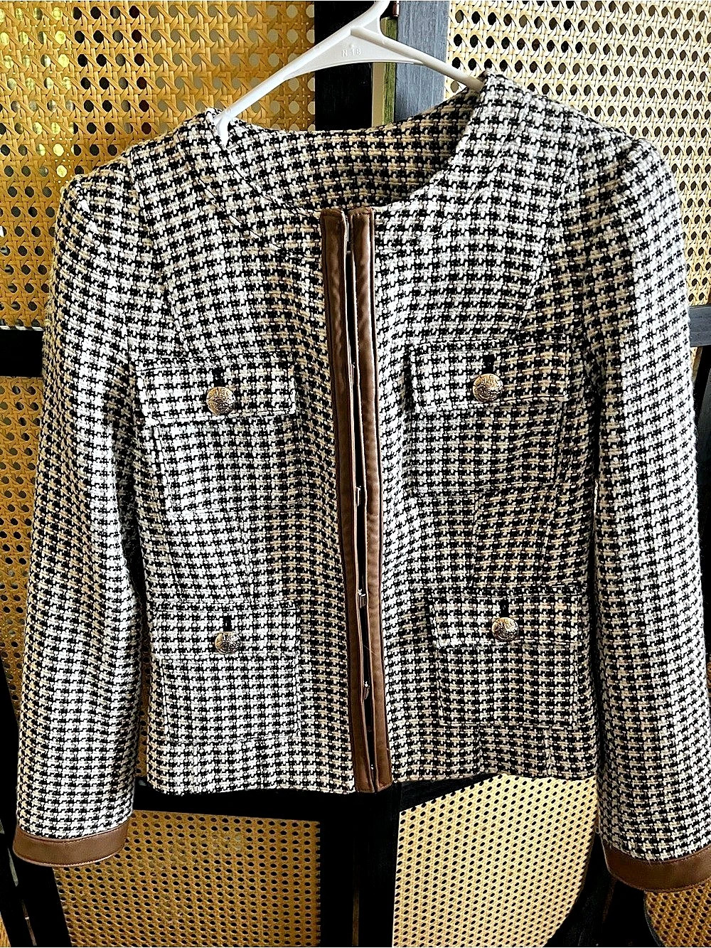 White House Black Market Stylist Jacket Houndstooth Faux Leather Trim Black &